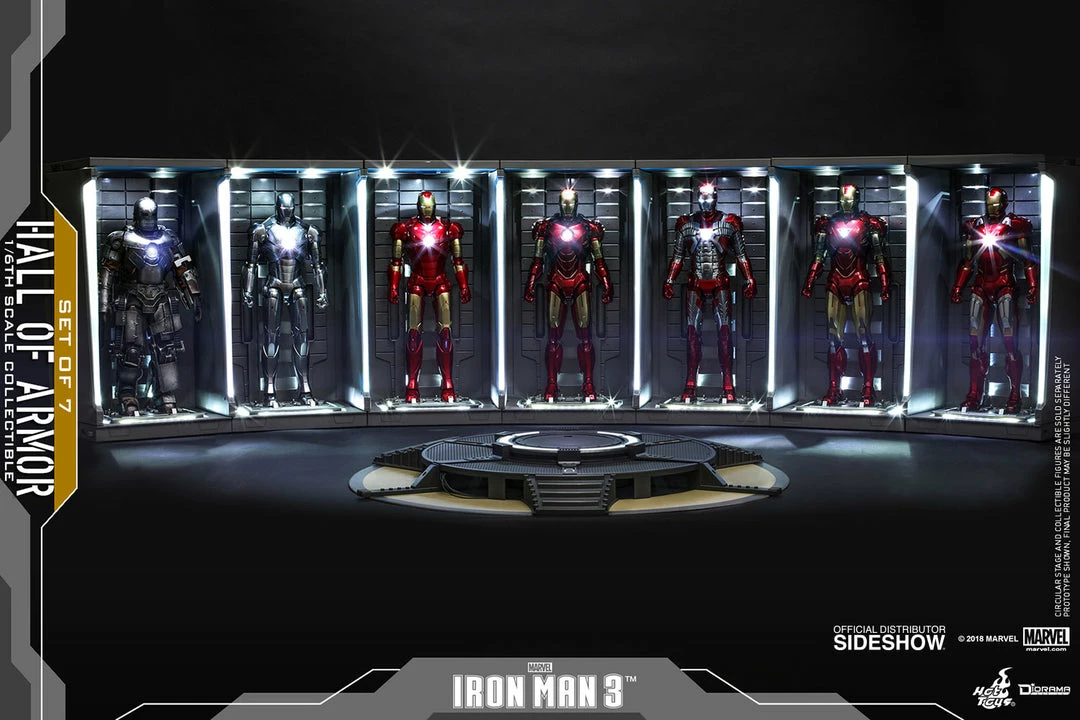 Maybang's Collectibles Hot Toys Marvel Iron Man 1/6 Scale Diorama Accessory Hall Of Armor Set Of 7 1 Maybang's Collectibles Hot Toys Marvel Iron Man 1/6 Scale Diorama Accessory Hall Of Armor Set Of 7