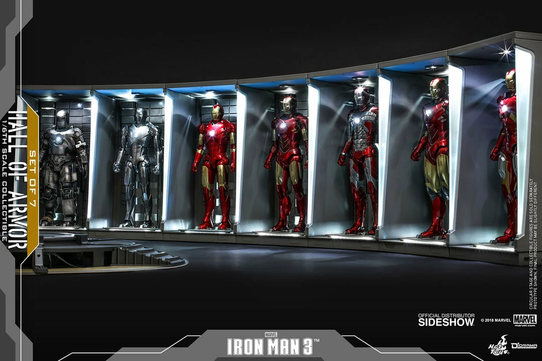 Maybang's Collectibles Hot Toys Marvel Iron Man 1/6 Scale Diorama Accessory Hall Of Armor Set Of 7 3 Maybang's Collectibles Hot Toys Marvel Iron Man 1/6 Scale Diorama Accessory Hall Of Armor Set Of 7